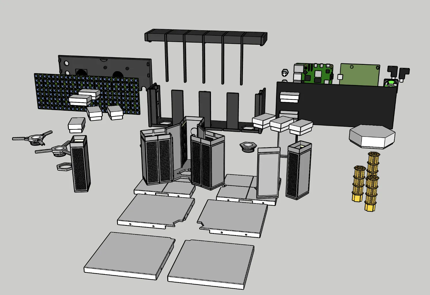 Exploded view of the 3D-printed RasQberry Two model, showing all printed parts