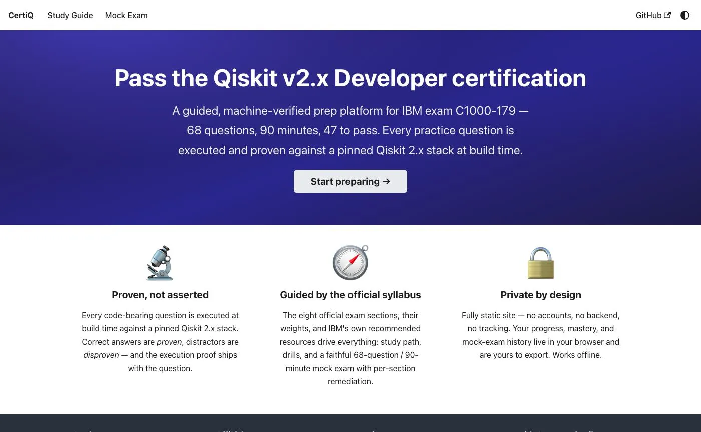 certiq.dev — Pass the Qiskit v2.x Developer certification: a guided, machine-verified prep platform